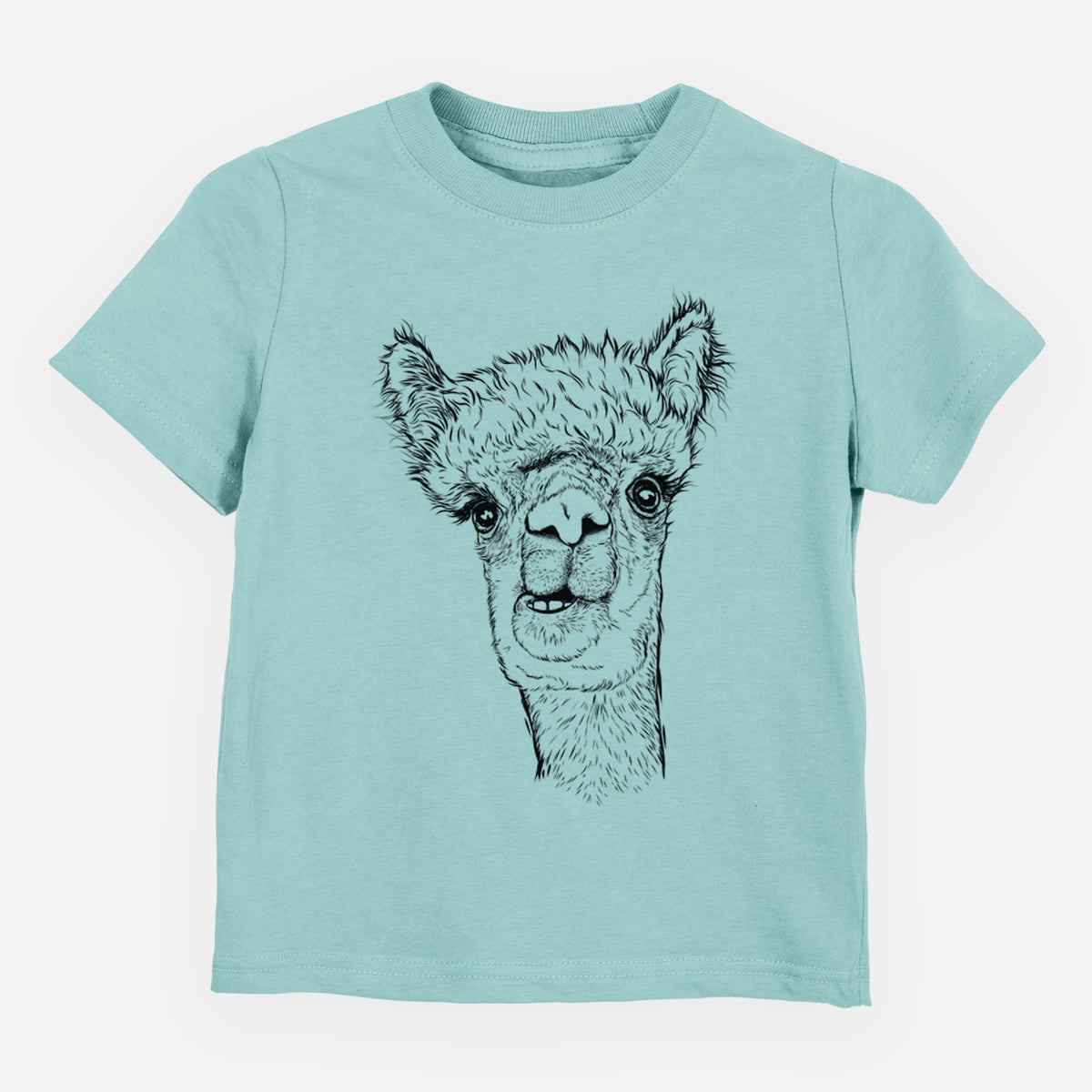 Saltwater toddler t-shirt laid flat, printed with a detailed black ink portrait of a fluffy alpaca's head and neck.