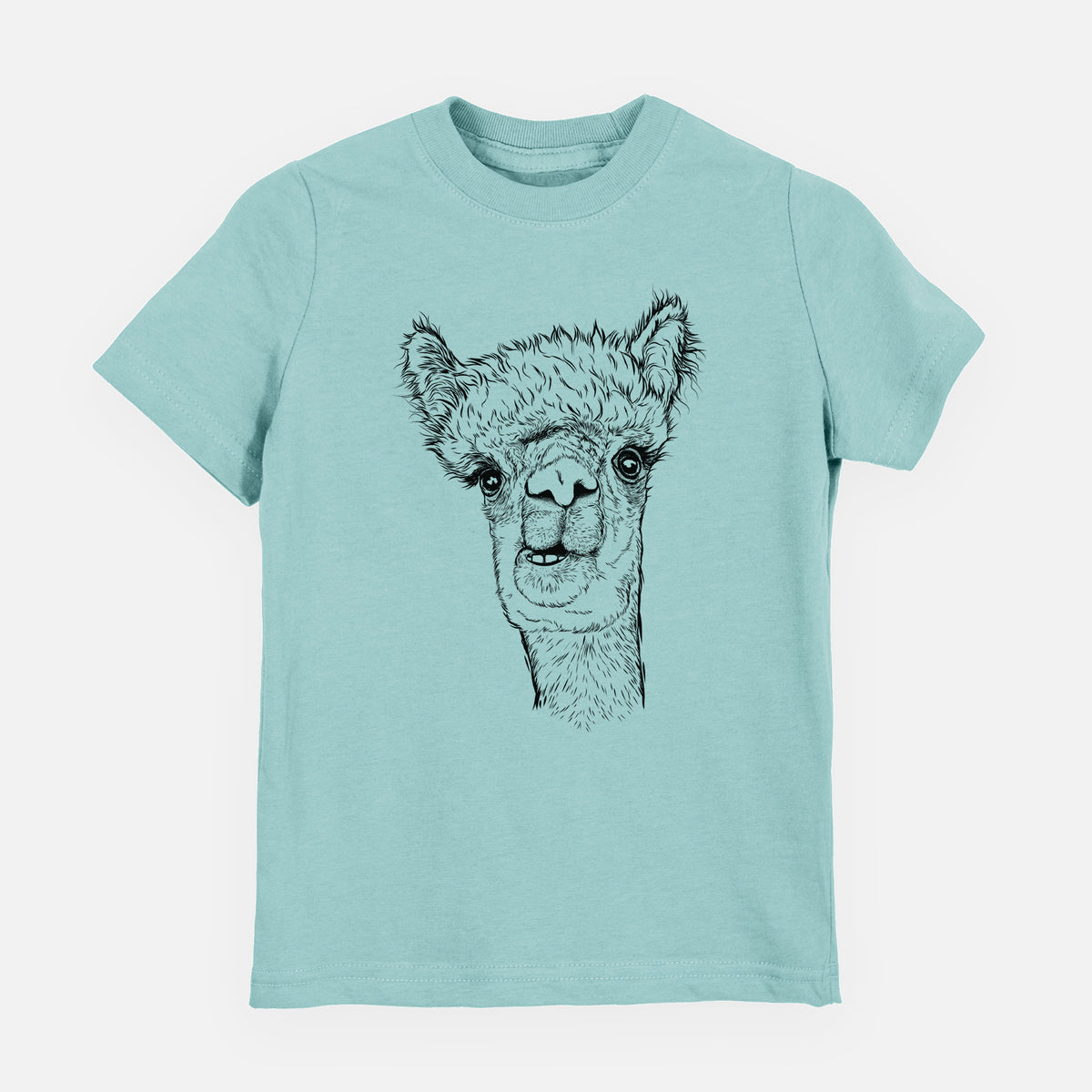 Saltwater youth t-shirt laid flat, printed with a detailed black ink portrait of a fluffy alpaca's head and neck.