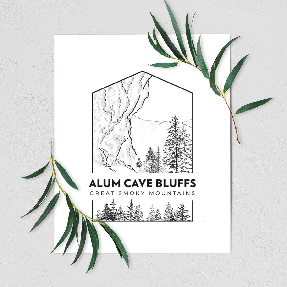 Art print of a black line art badge of Alum Cave Bluffs with pine trees, with the words Alum Cave Bluffs, Great Smoky Mountains, shown with eucalyptus leaves.