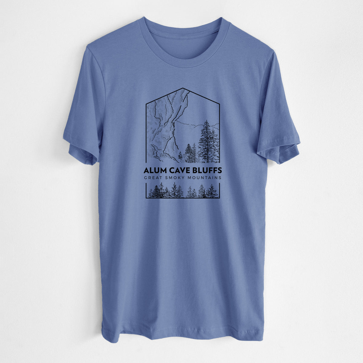Blue bell lightweight cotton t-shirt laid flat, printed with a black line art badge of Alum Cave Bluffs with pine trees, with the words Alum Cave Bluffs, Great Smoky Mountains.