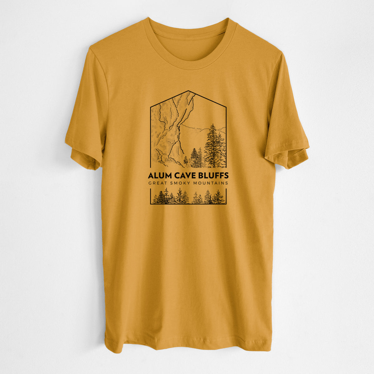 Honeycomb yellow lightweight cotton t-shirt laid flat, printed with a black line art badge of Alum Cave Bluffs with pine trees, with the words Alum Cave Bluffs, Great Smoky Mountains.