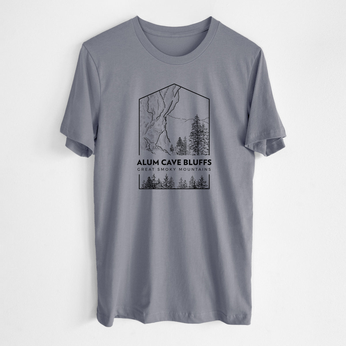 Storm grey lightweight cotton t-shirt laid flat, printed with a black line art badge of Alum Cave Bluffs with pine trees, with the words Alum Cave Bluffs, Great Smoky Mountains.