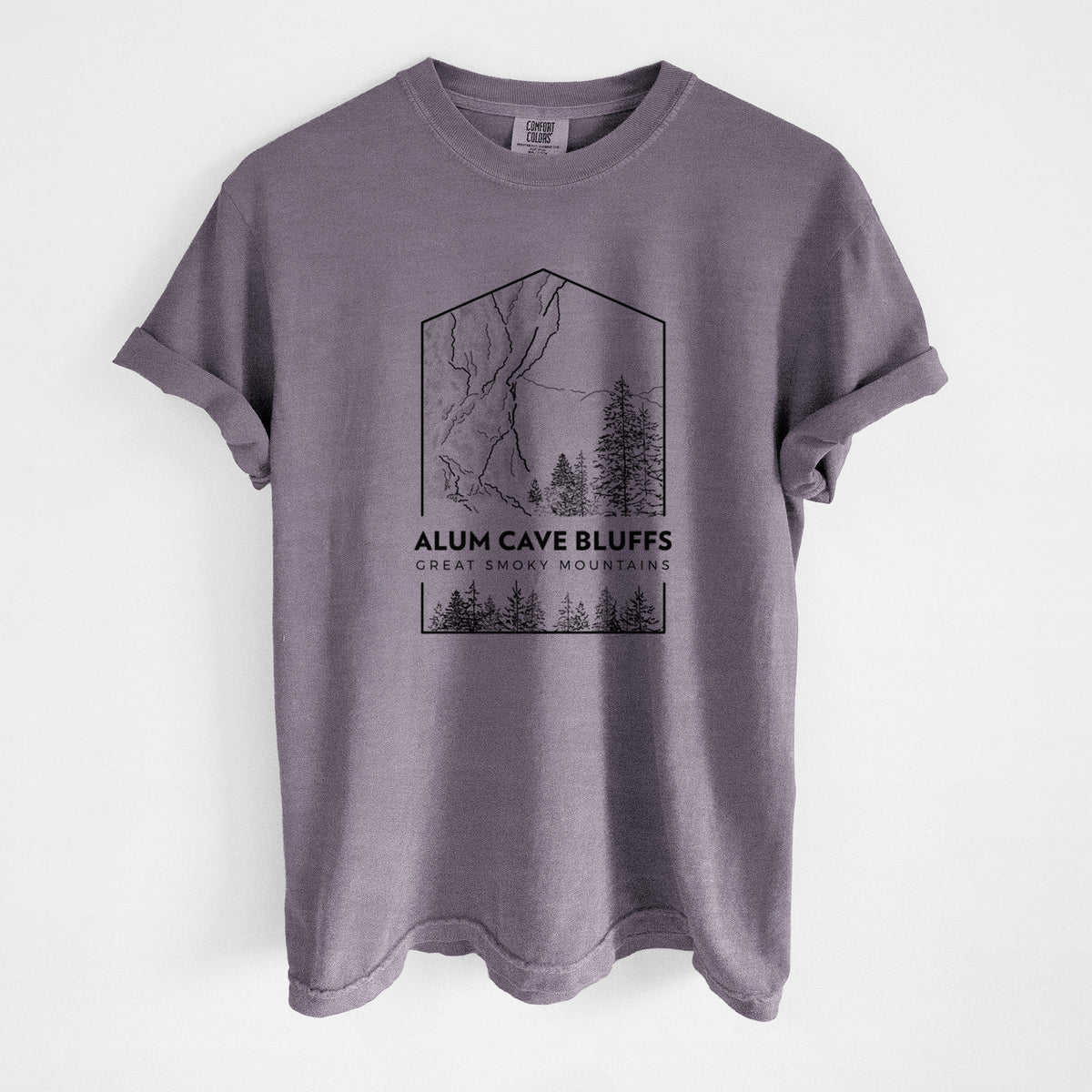 Wine red Comfort Colors t-shirt laid flat, printed with a black line art badge of Alum Cave Bluffs with pine trees, with the words Alum Cave Bluffs, Great Smoky Mountains.