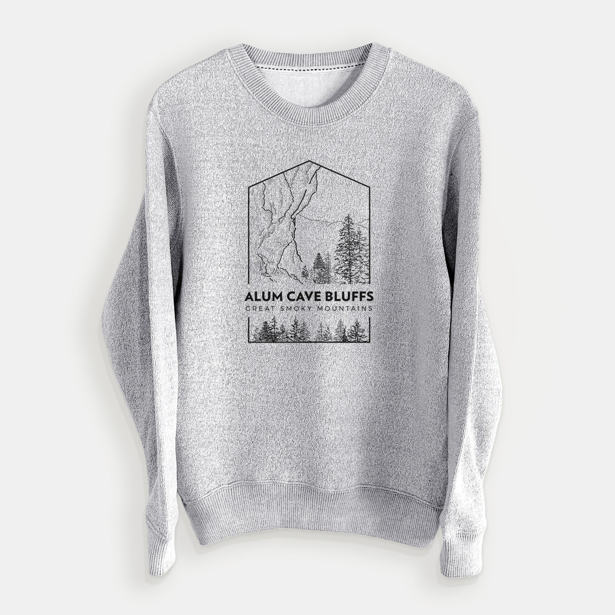 Salt and pepper knit sweatshirt laid flat, printed with a black line art badge of Alum Cave Bluffs with pine trees, with the words Alum Cave Bluffs, Great Smoky Mountains.