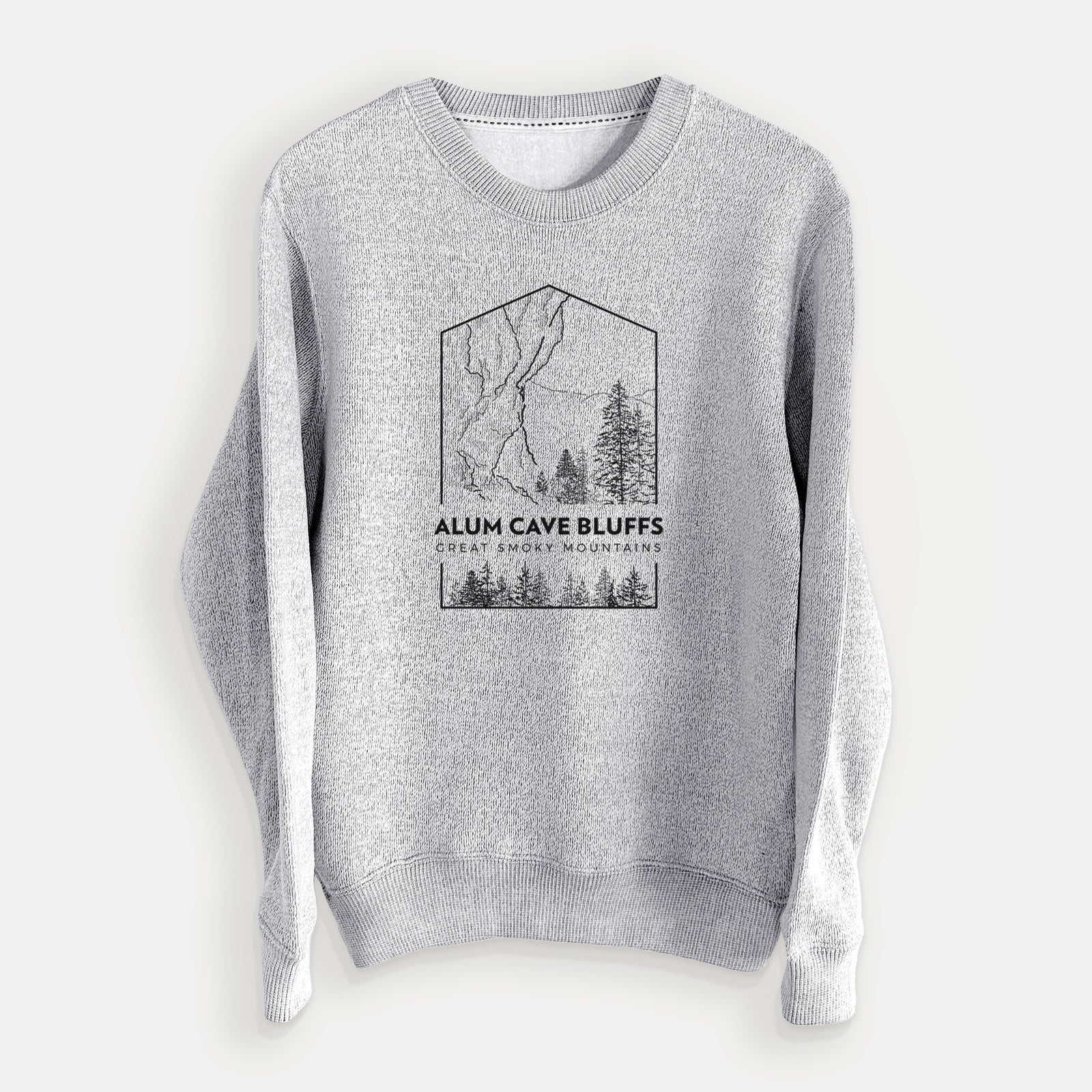Salt and pepper knit sweatshirt laid flat, printed with a black line art badge of Alum Cave Bluffs with pine trees, with the words Alum Cave Bluffs, Great Smoky Mountains.