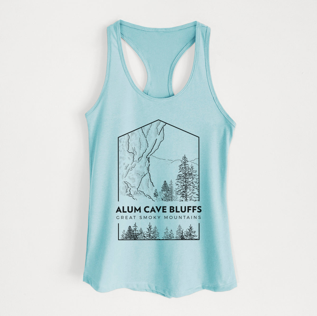 Cancun blue women's racerback tank top laid flat, printed with a black line art badge of Alum Cave Bluffs with pine trees, with the words Alum Cave Bluffs, Great Smoky Mountains.