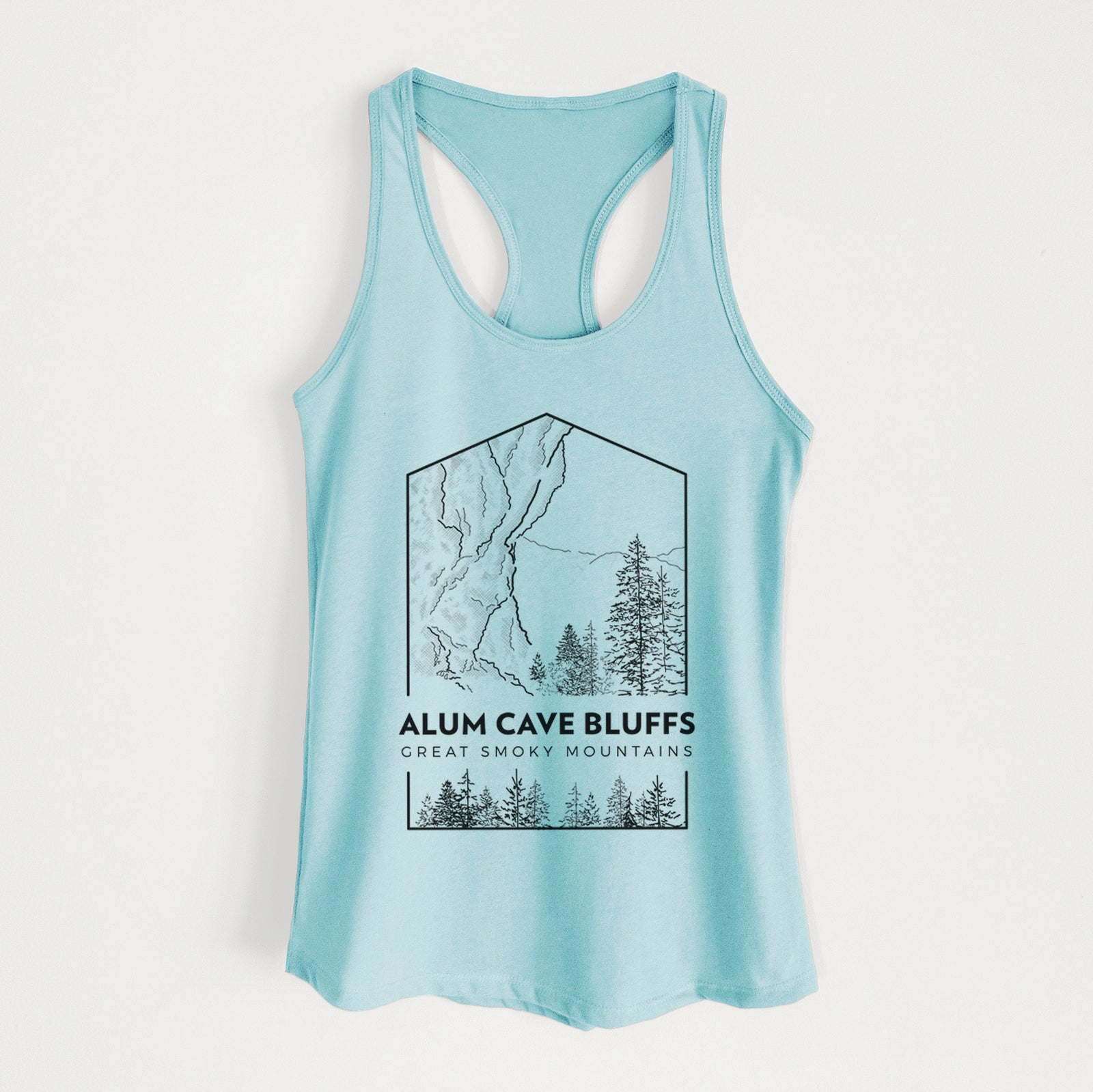 Banana cream women's racerback tank top laid flat, printed with a black line art badge of Alum Cave Bluffs with pine trees, with the words Alum Cave Bluffs, Great Smoky Mountains.