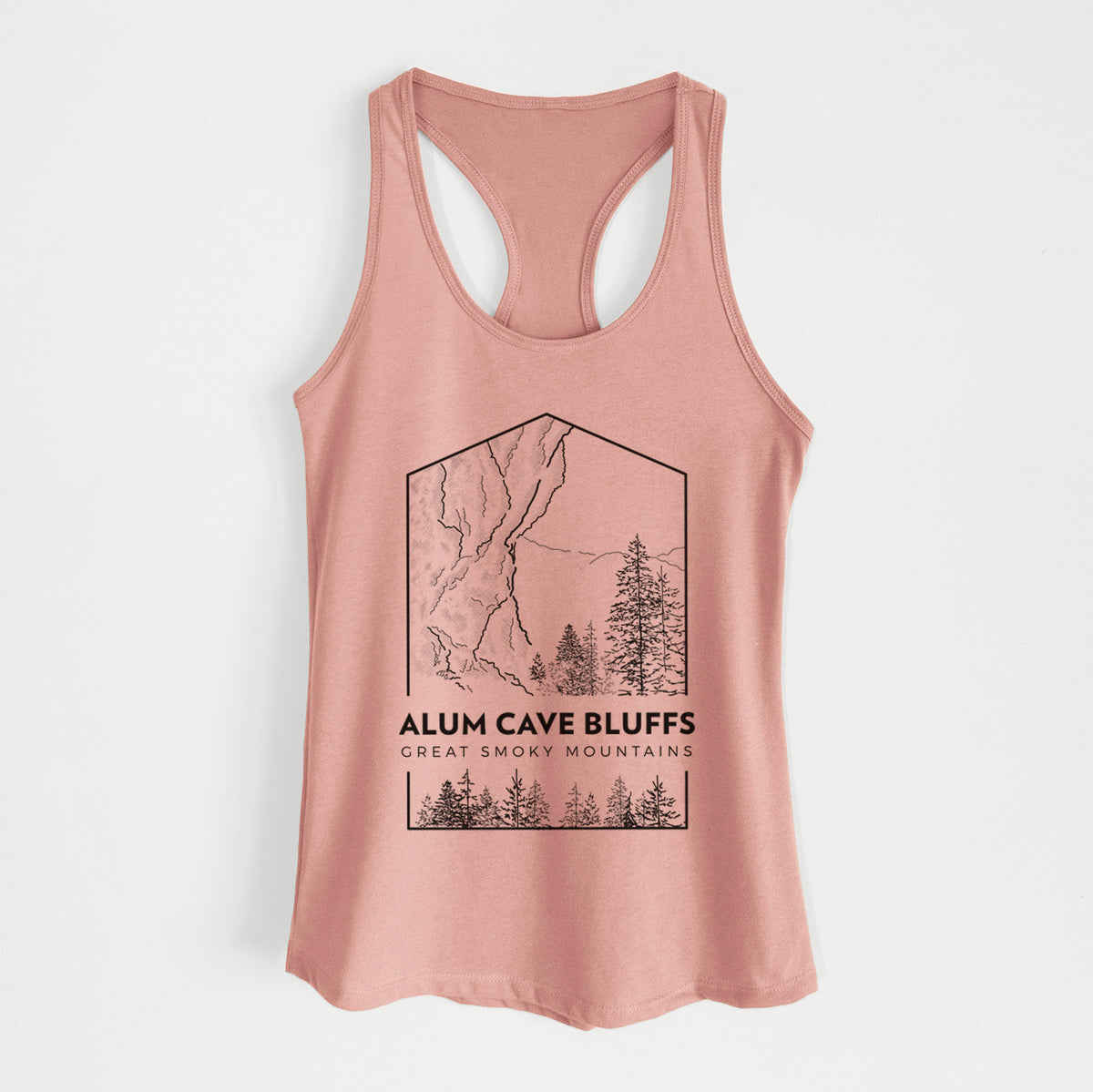 Desert pink women's racerback tank top laid flat, printed with a black line art badge of Alum Cave Bluffs with pine trees, with the words Alum Cave Bluffs, Great Smoky Mountains.