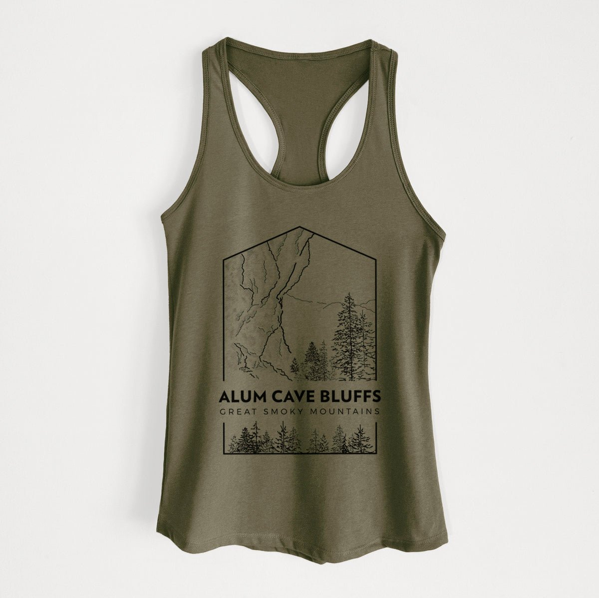 Military green women's racerback tank top laid flat, printed with a black line art badge of Alum Cave Bluffs with pine trees, with the words Alum Cave Bluffs, Great Smoky Mountains.