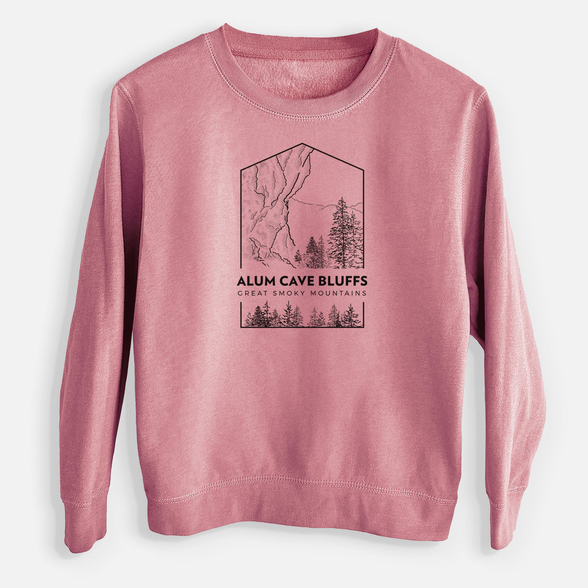 Mauve pink youth crewneck sweatshirt laid flat, printed with a black line art badge of Alum Cave Bluffs with pine trees, with the words Alum Cave Bluffs, Great Smoky Mountains.