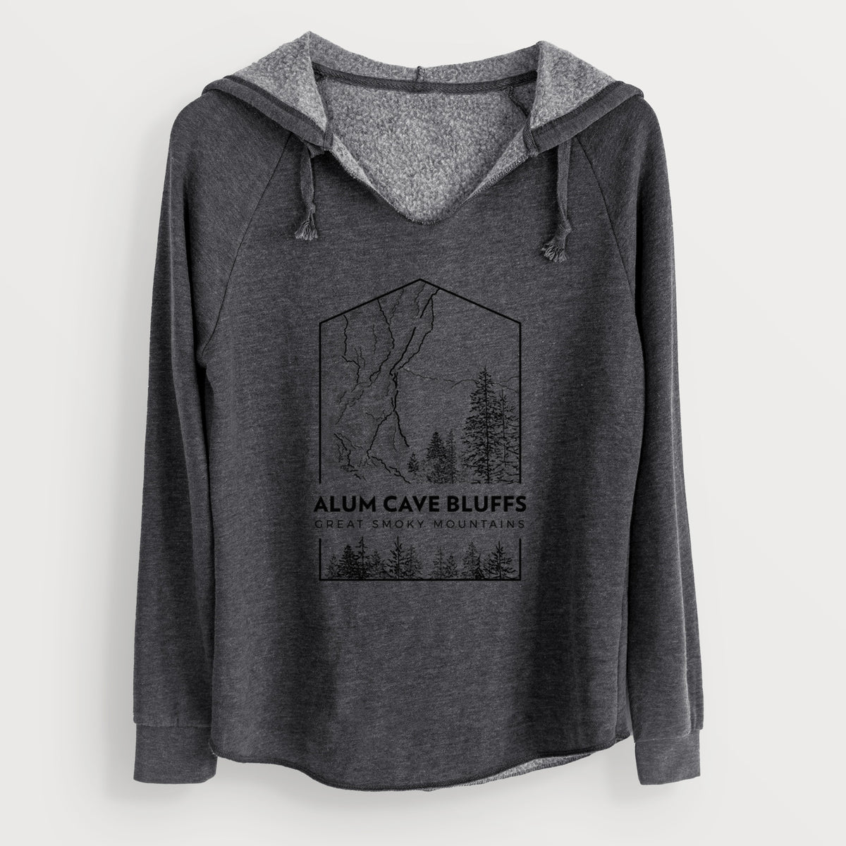 Charcoal grey women's Cali Wave hooded sweatshirt laid flat, printed with a black line art badge of Alum Cave Bluffs with pine trees, with the words Alum Cave Bluffs, Great Smoky Mountains.