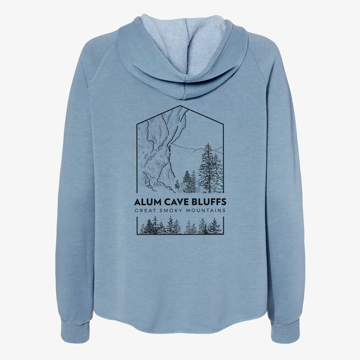 Misty blue women's Cali Wave zip-up sweatshirt laid flat, printed with a black line art badge of Alum Cave Bluffs with pine trees, with the words Alum Cave Bluffs, Great Smoky Mountains.