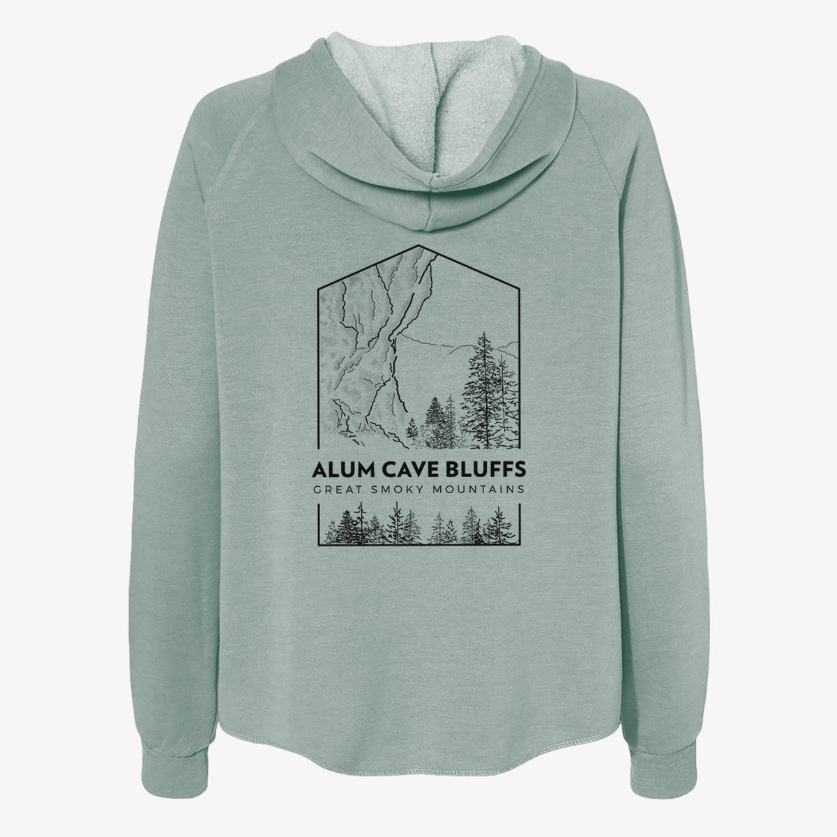 Sage green women's Cali Wave zip-up sweatshirt laid flat, printed with a black line art badge of Alum Cave Bluffs with pine trees, with the words Alum Cave Bluffs, Great Smoky Mountains.