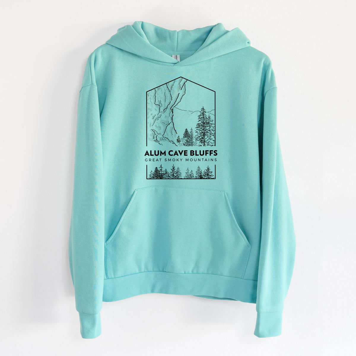 Alum Cave Bluffs - Great Smoky Mountains National Park - Statement Midweight Hoodie in Seafoam, hanging on a white wall, with a front kangaroo pocket and no drawcords.