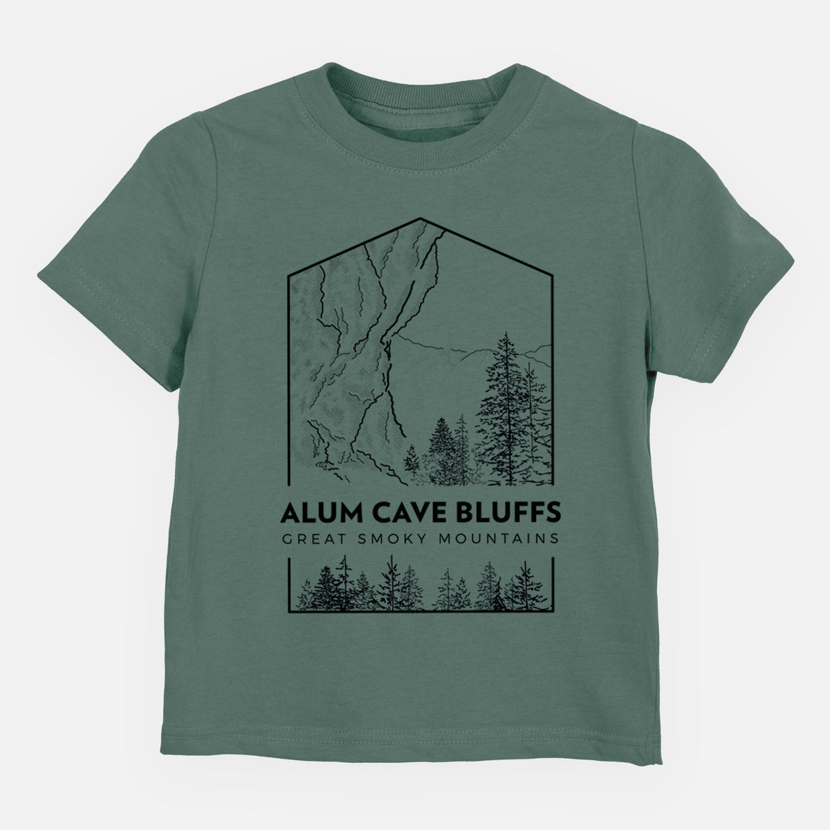 Basil green toddler t-shirt laid flat, printed with a black line art badge of Alum Cave Bluffs with pine trees, with the words Alum Cave Bluffs, Great Smoky Mountains.