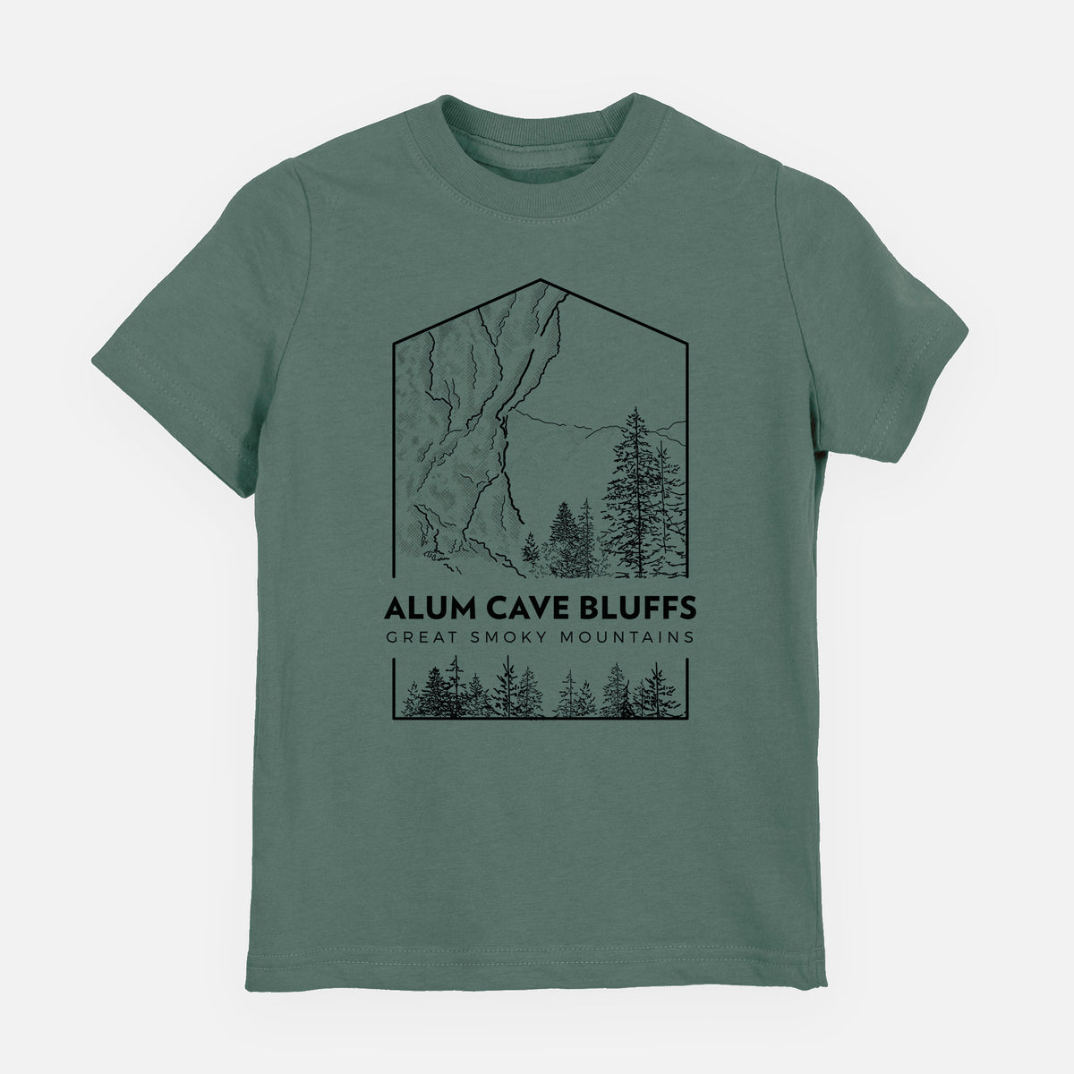 Basil green youth t-shirt laid flat, printed with a black line art badge of Alum Cave Bluffs with pine trees, with the words Alum Cave Bluffs, Great Smoky Mountains.