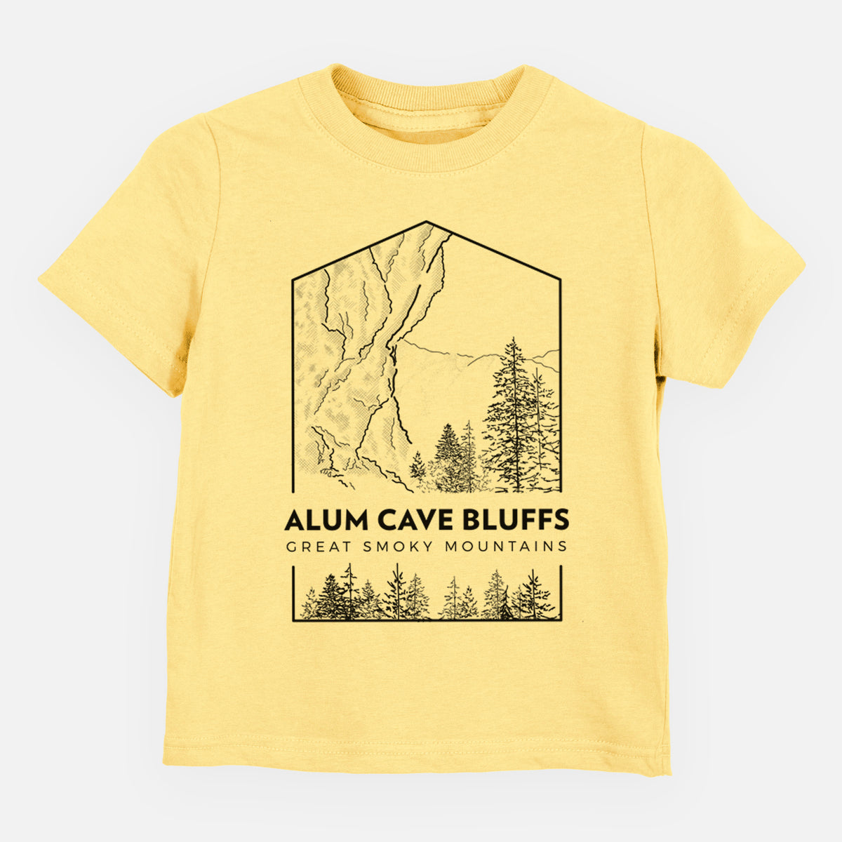 Butter yellow toddler t-shirt laid flat, printed with a black line art badge of Alum Cave Bluffs with pine trees, with the words Alum Cave Bluffs, Great Smoky Mountains.