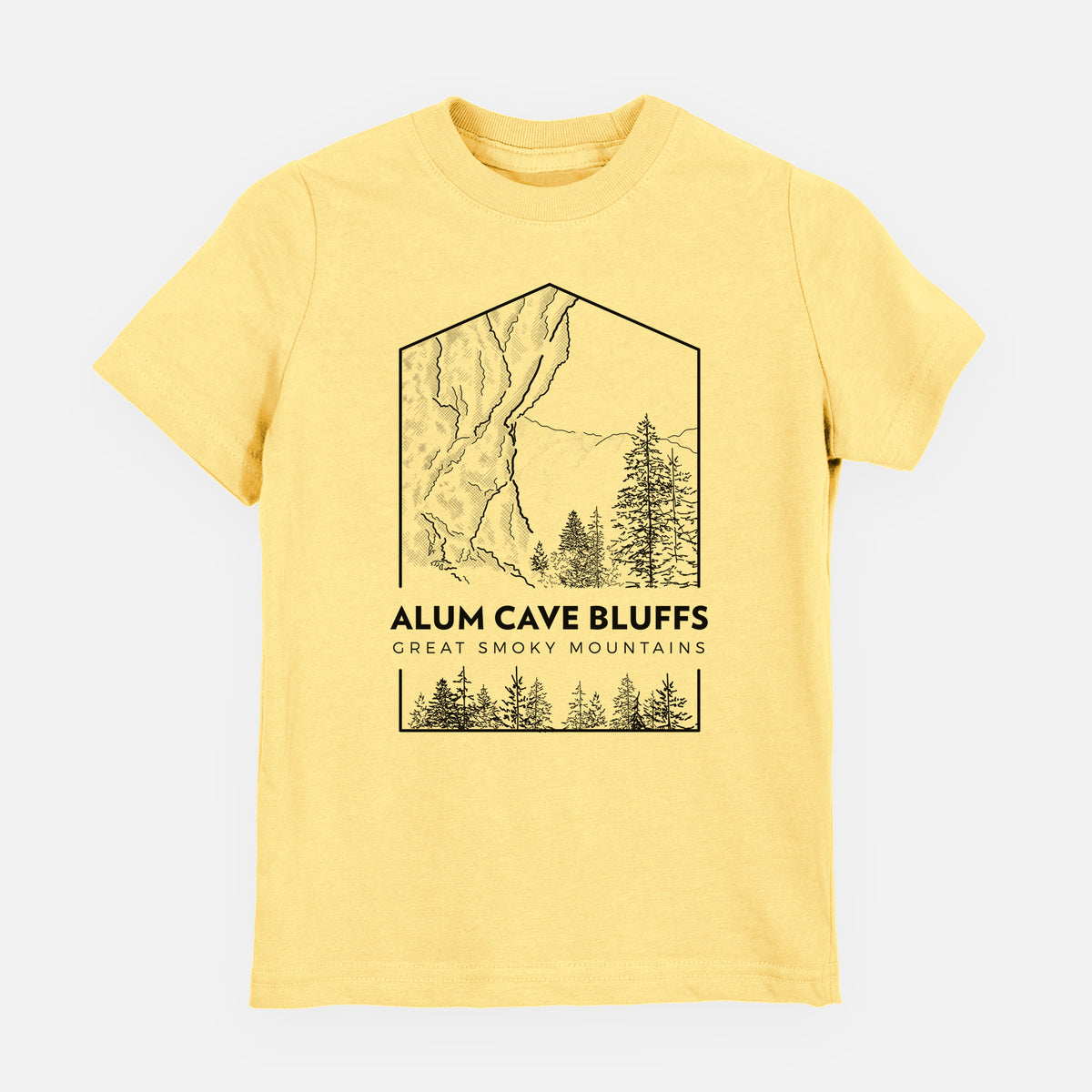 Butter yellow youth t-shirt laid flat, printed with a black line art badge of Alum Cave Bluffs with pine trees, with the words Alum Cave Bluffs, Great Smoky Mountains.