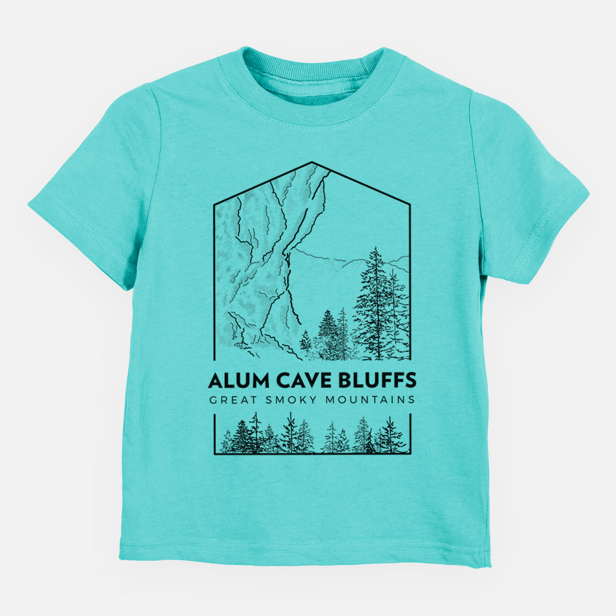 Caribbean blue toddler t-shirt laid flat, printed with a black line art badge of Alum Cave Bluffs with pine trees, with the words Alum Cave Bluffs, Great Smoky Mountains.