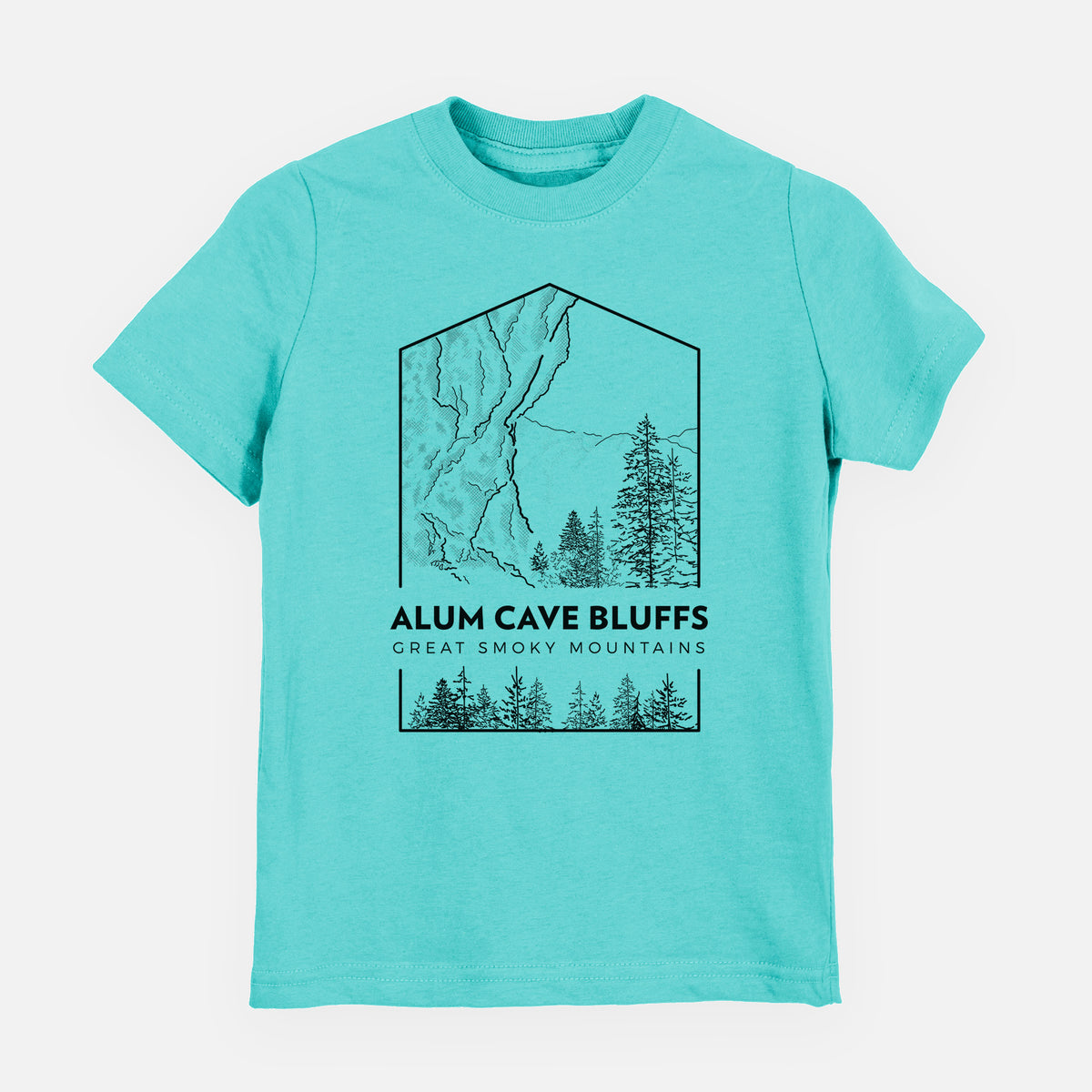 Caribbean blue youth t-shirt laid flat, printed with a black line art badge of Alum Cave Bluffs with pine trees, with the words Alum Cave Bluffs, Great Smoky Mountains.