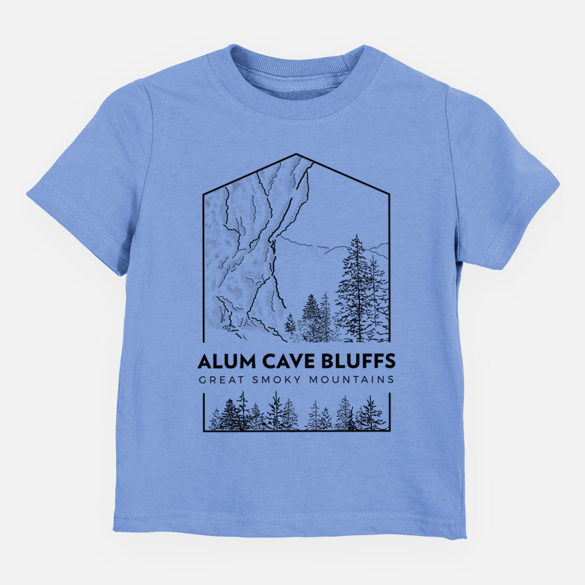 Carolina blue toddler t-shirt laid flat, printed with a black line art badge of Alum Cave Bluffs with pine trees, with the words Alum Cave Bluffs, Great Smoky Mountains.