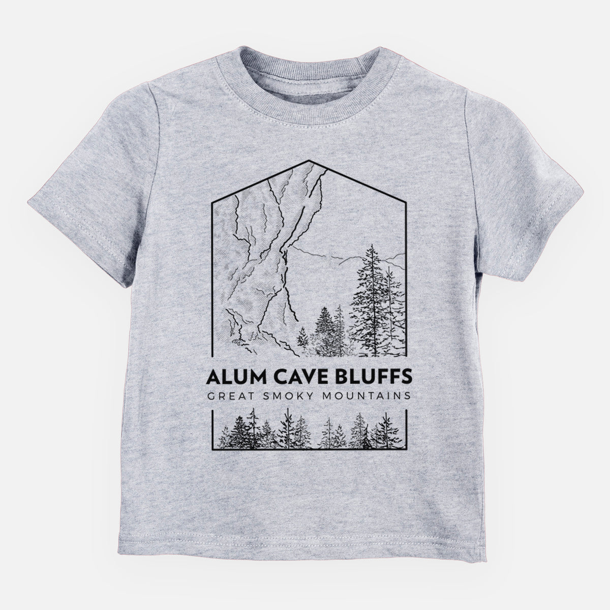 Heather grey toddler t-shirt laid flat, printed with a black line art badge of Alum Cave Bluffs with pine trees, with the words Alum Cave Bluffs, Great Smoky Mountains.