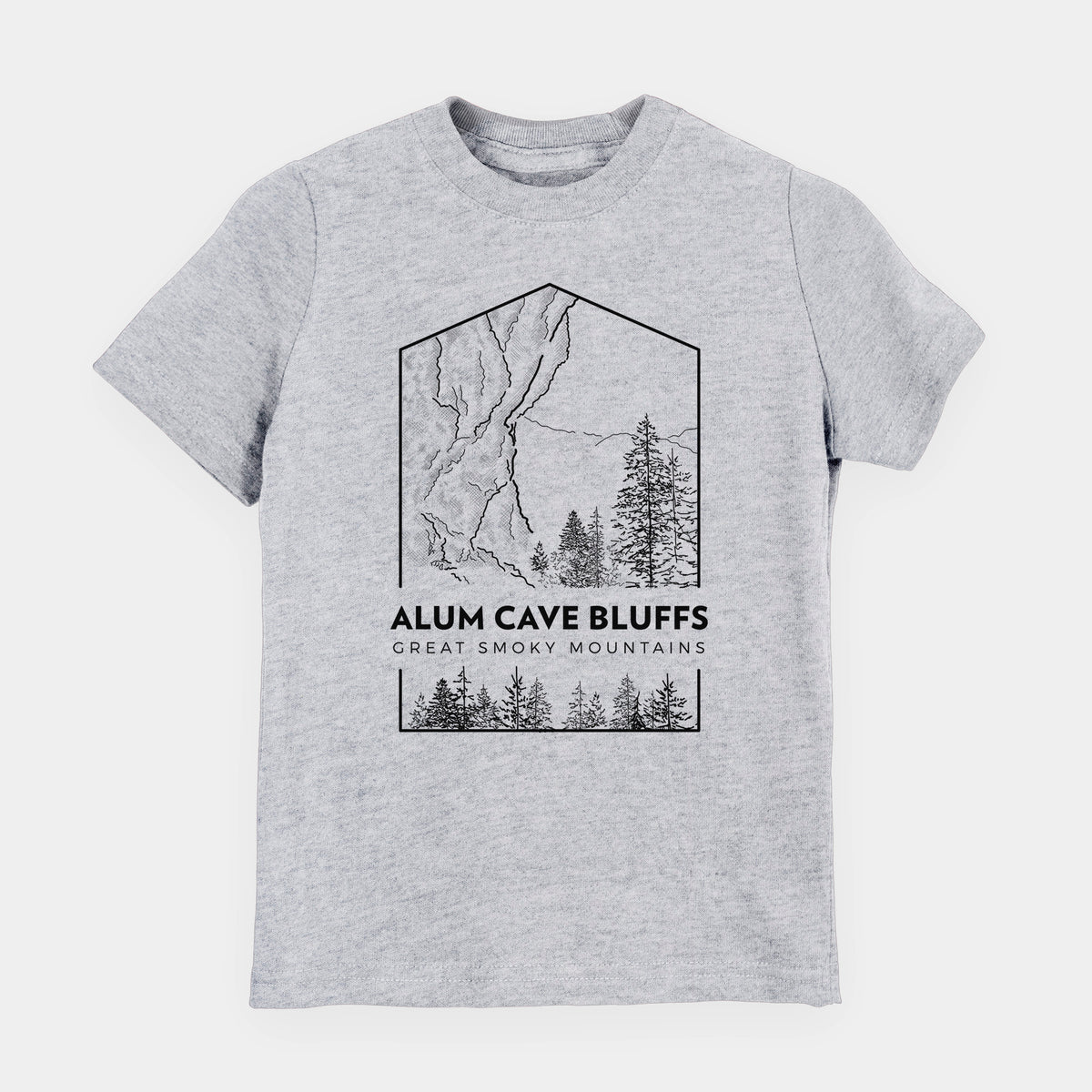 Heather grey youth t-shirt laid flat, printed with a black line art badge of Alum Cave Bluffs with pine trees, with the words Alum Cave Bluffs, Great Smoky Mountains.
