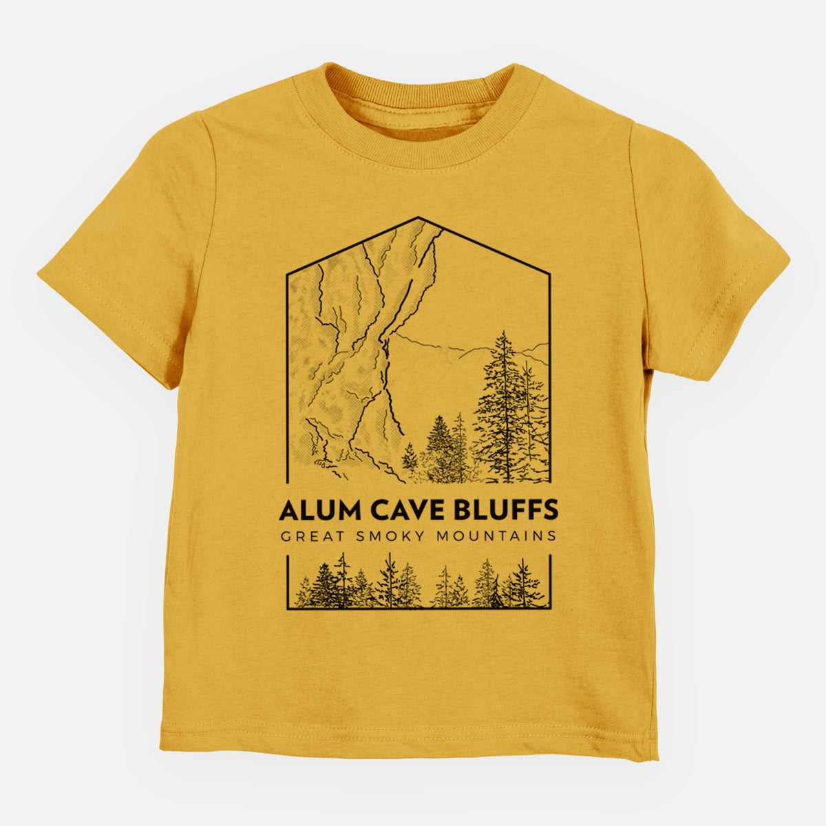 Honeycomb yellow toddler t-shirt laid flat, printed with a black line art badge of Alum Cave Bluffs with pine trees, with the words Alum Cave Bluffs, Great Smoky Mountains.