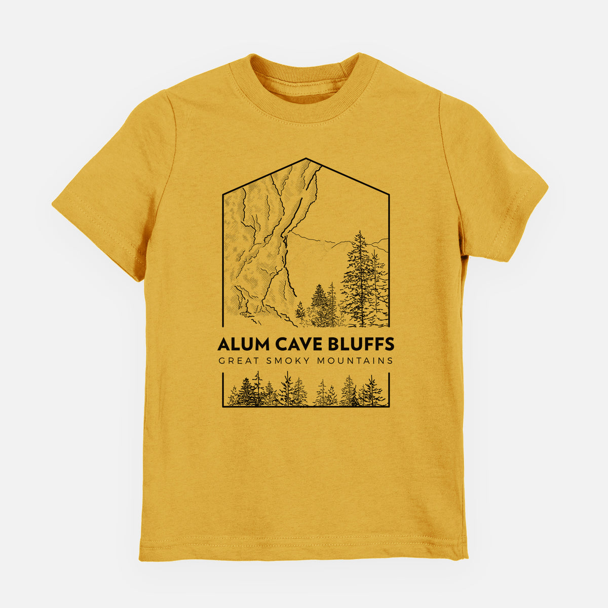 Honeycomb yellow youth t-shirt laid flat, printed with a black line art badge of Alum Cave Bluffs with pine trees, with the words Alum Cave Bluffs, Great Smoky Mountains.
