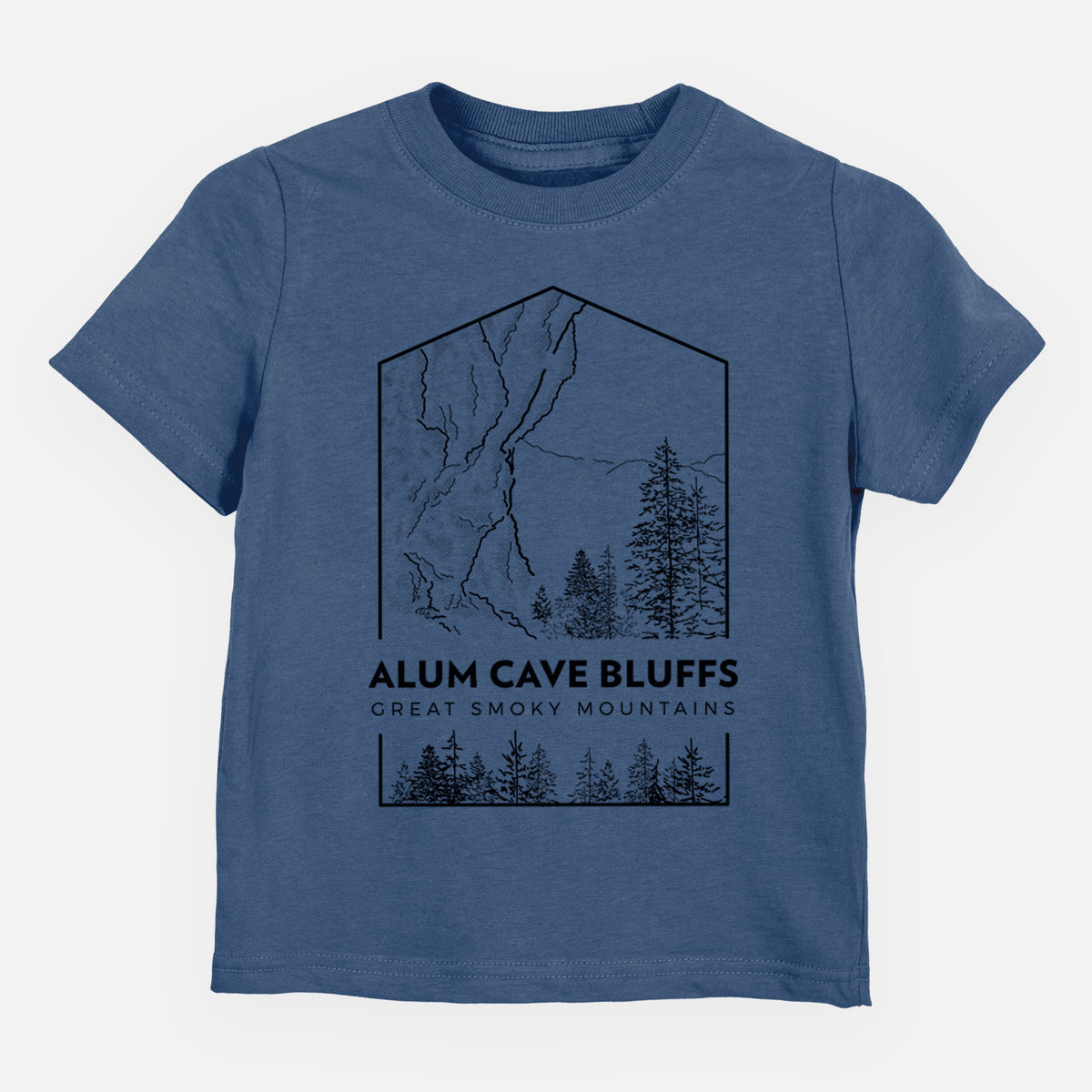 Indigo blue toddler t-shirt laid flat, printed with a black line art badge of Alum Cave Bluffs with pine trees, with the words Alum Cave Bluffs, Great Smoky Mountains.