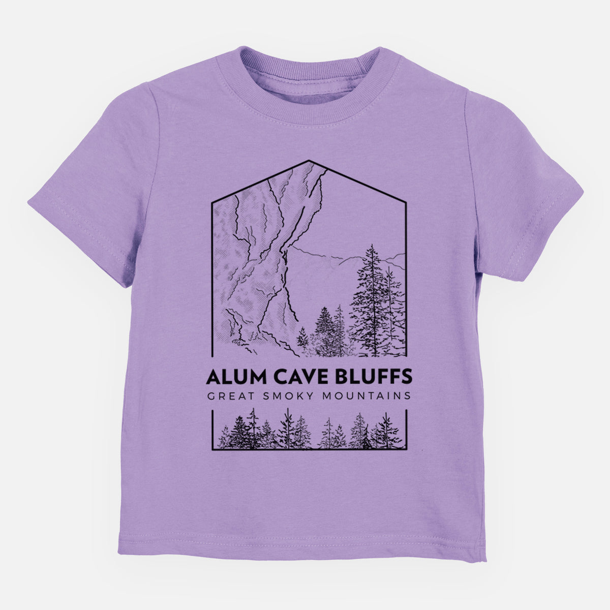 Lavender toddler t-shirt laid flat, printed with a black line art badge of Alum Cave Bluffs with pine trees, with the words Alum Cave Bluffs, Great Smoky Mountains.