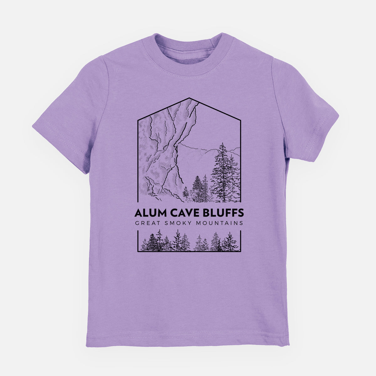Lavender youth t-shirt laid flat, printed with a black line art badge of Alum Cave Bluffs with pine trees, with the words Alum Cave Bluffs, Great Smoky Mountains.