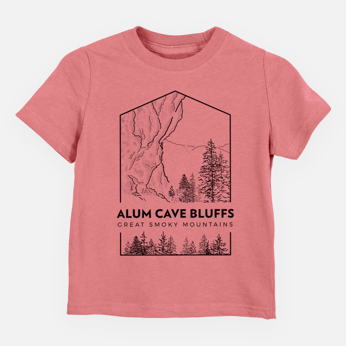 Mauve pink toddler t-shirt laid flat, printed with a black line art badge of Alum Cave Bluffs with pine trees, with the words Alum Cave Bluffs, Great Smoky Mountains.