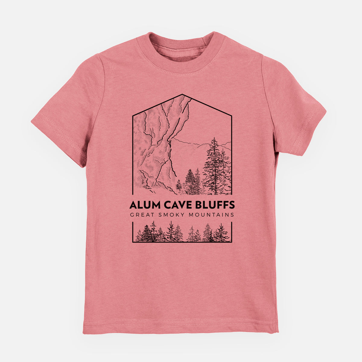 Mauve pink youth t-shirt laid flat, printed with a black line art badge of Alum Cave Bluffs with pine trees, with the words Alum Cave Bluffs, Great Smoky Mountains.