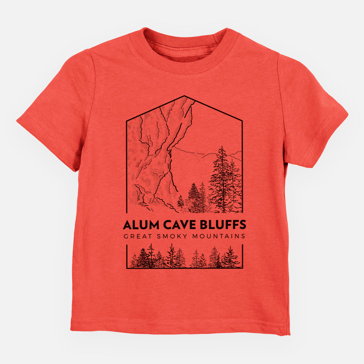 Passionfruit pink toddler t-shirt laid flat, printed with a black line art badge of Alum Cave Bluffs with pine trees, with the words Alum Cave Bluffs, Great Smoky Mountains.