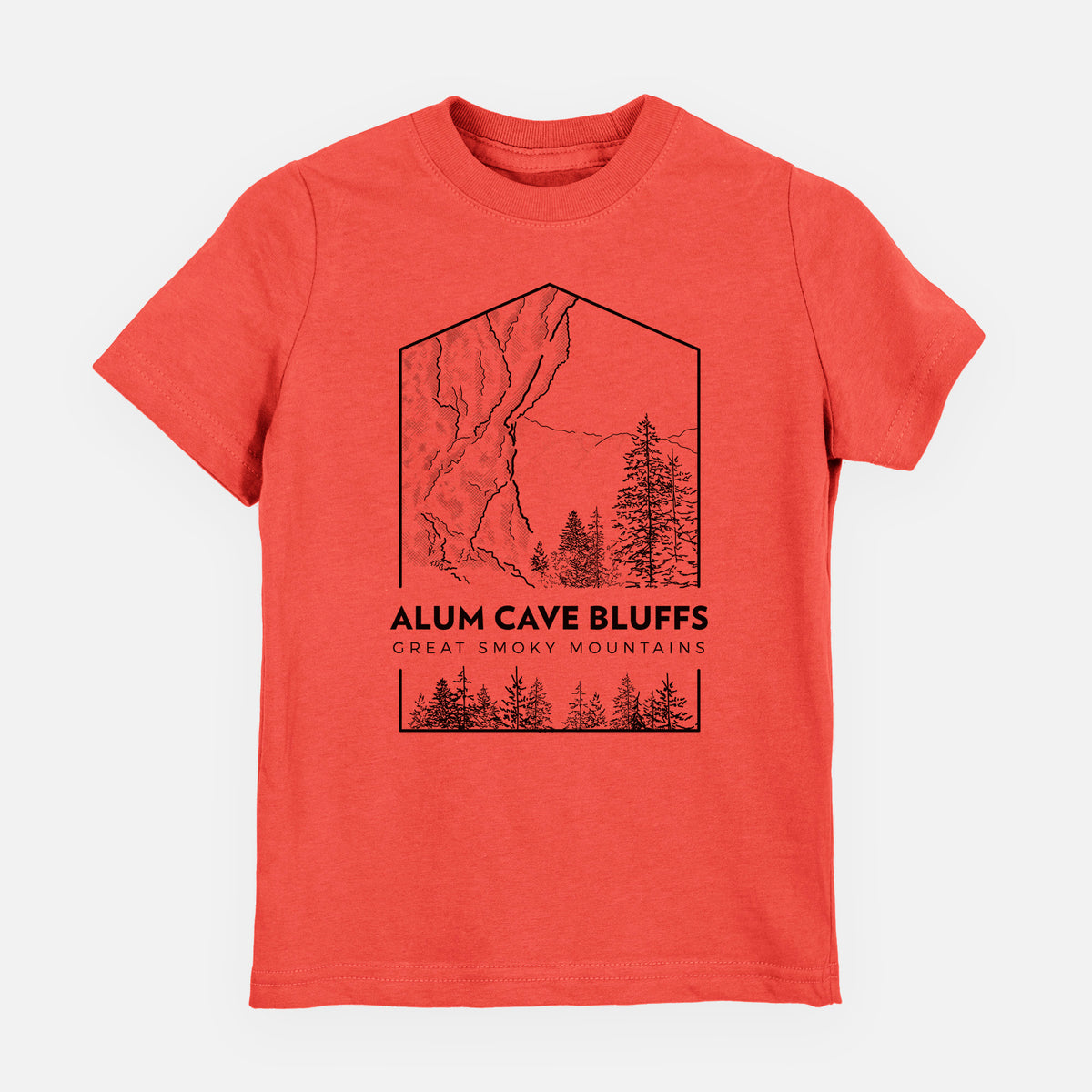 Passionfruit pink youth t-shirt laid flat, printed with a black line art badge of Alum Cave Bluffs with pine trees, with the words Alum Cave Bluffs, Great Smoky Mountains.