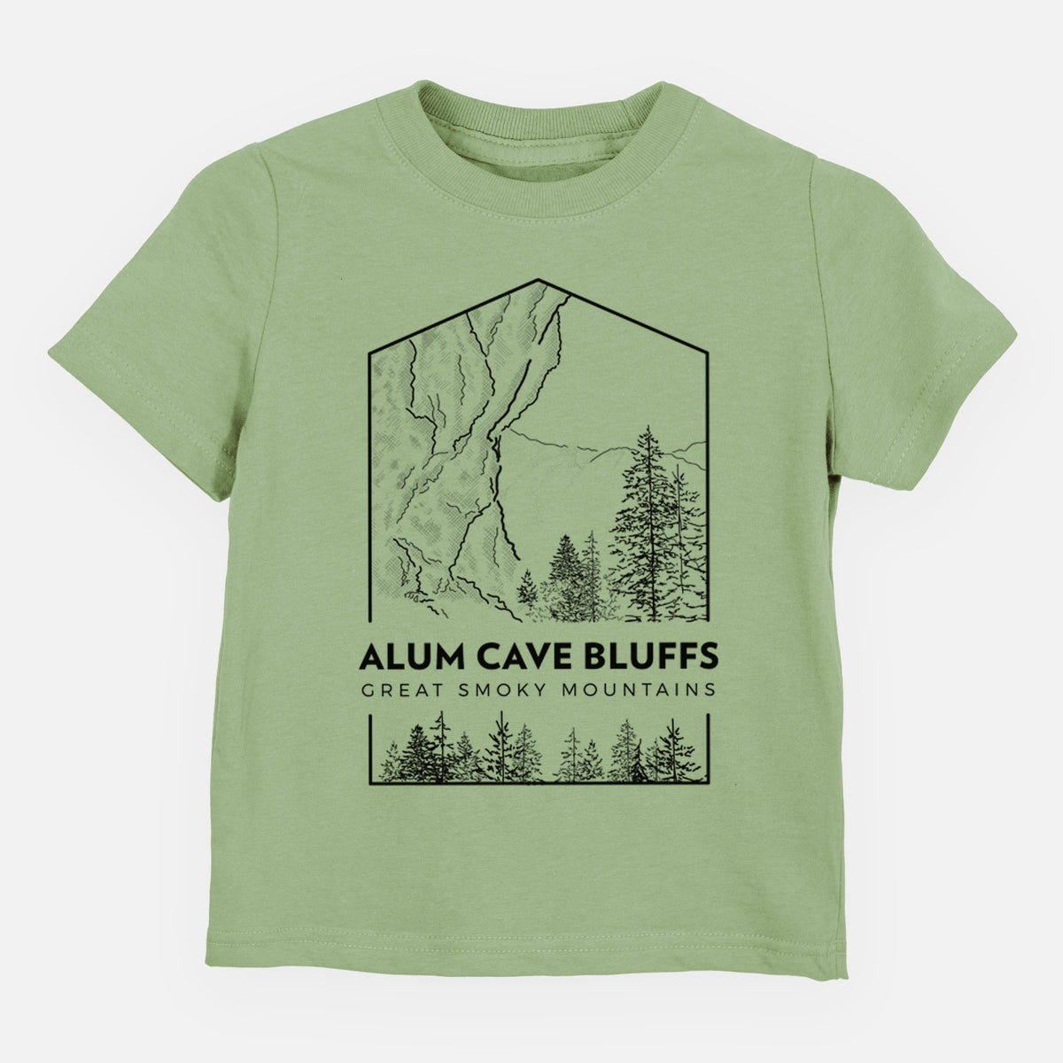 Sage green toddler t-shirt laid flat, printed with a black line art badge of Alum Cave Bluffs with pine trees, with the words Alum Cave Bluffs, Great Smoky Mountains.