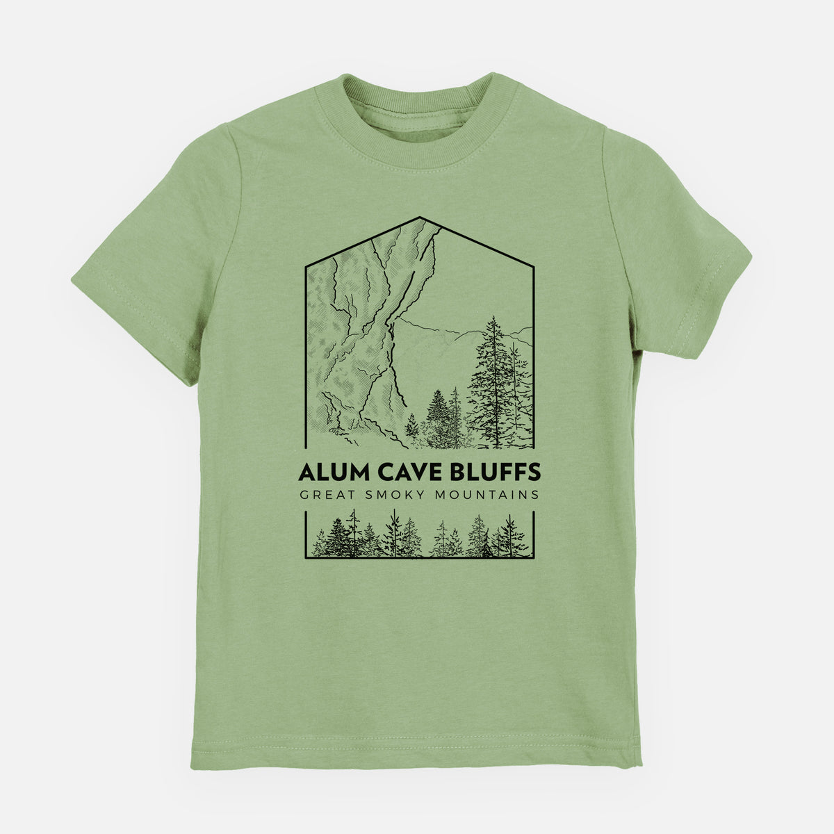 Sage green youth t-shirt laid flat, printed with a black line art badge of Alum Cave Bluffs with pine trees, with the words Alum Cave Bluffs, Great Smoky Mountains.