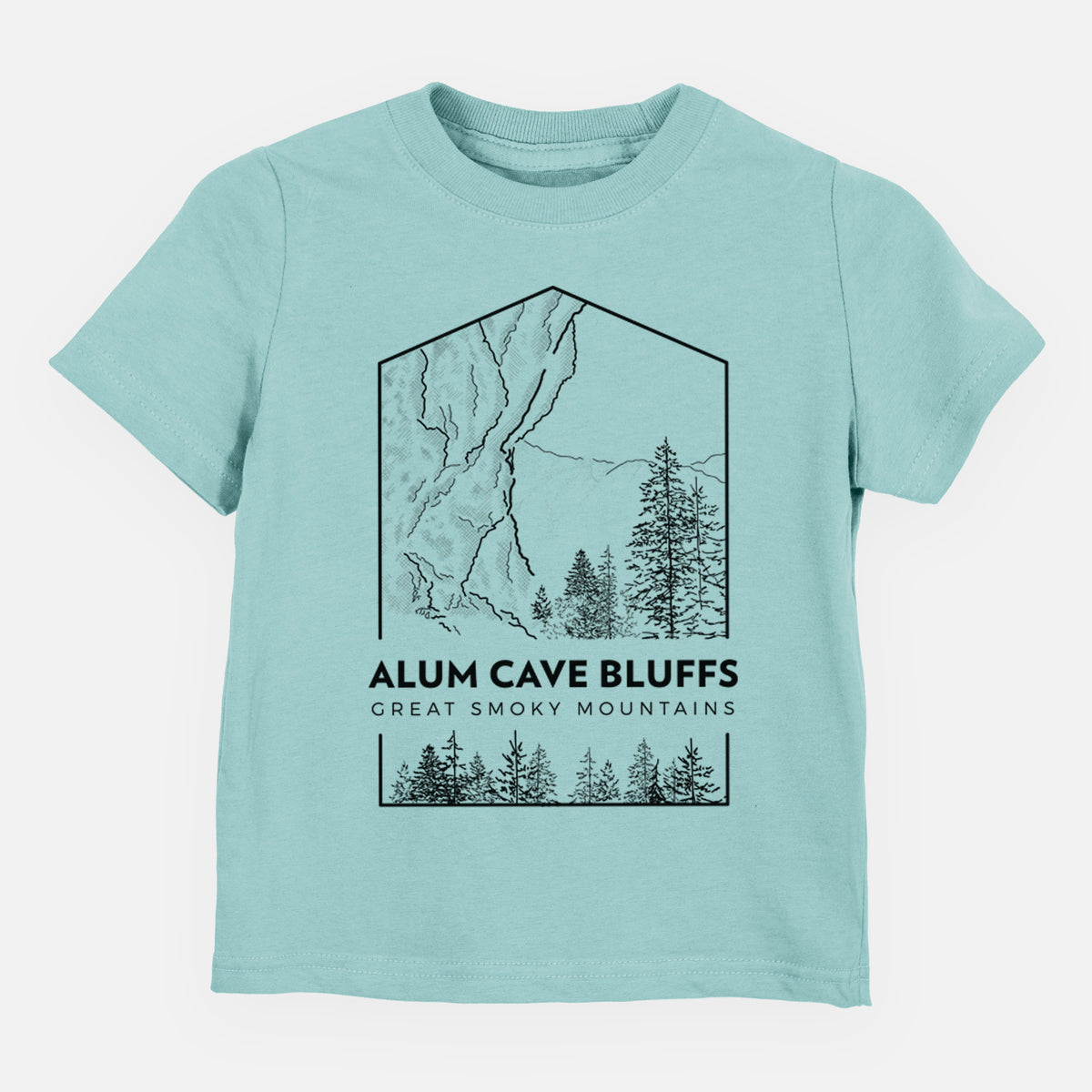 Saltwater toddler t-shirt laid flat, printed with a black line art badge of Alum Cave Bluffs with pine trees, with the words Alum Cave Bluffs, Great Smoky Mountains.