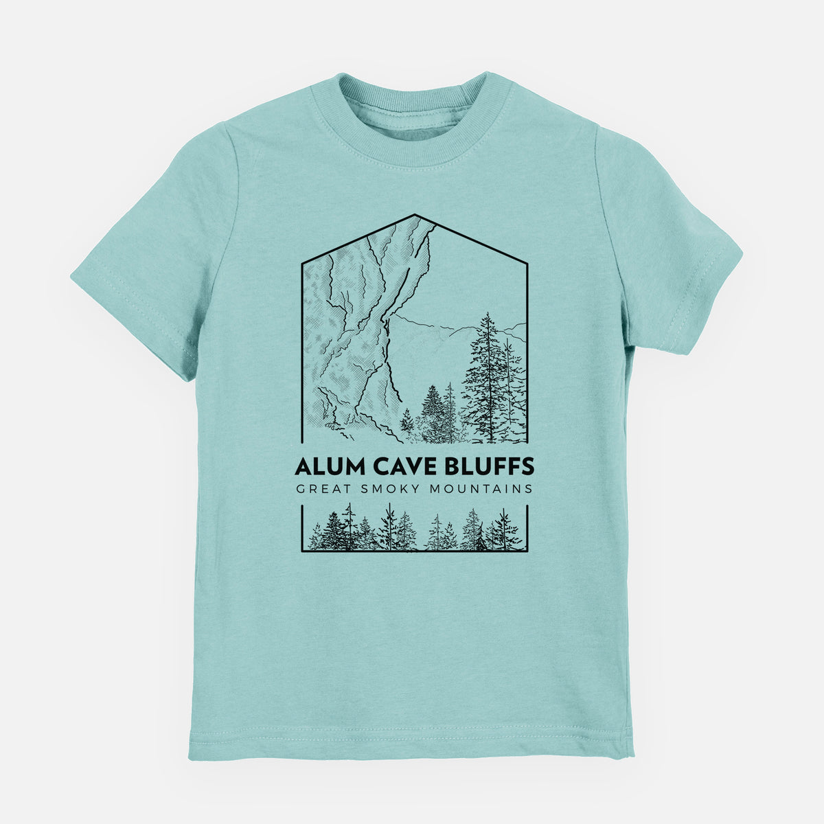 Saltwater youth t-shirt laid flat, printed with a black line art badge of Alum Cave Bluffs with pine trees, with the words Alum Cave Bluffs, Great Smoky Mountains.
