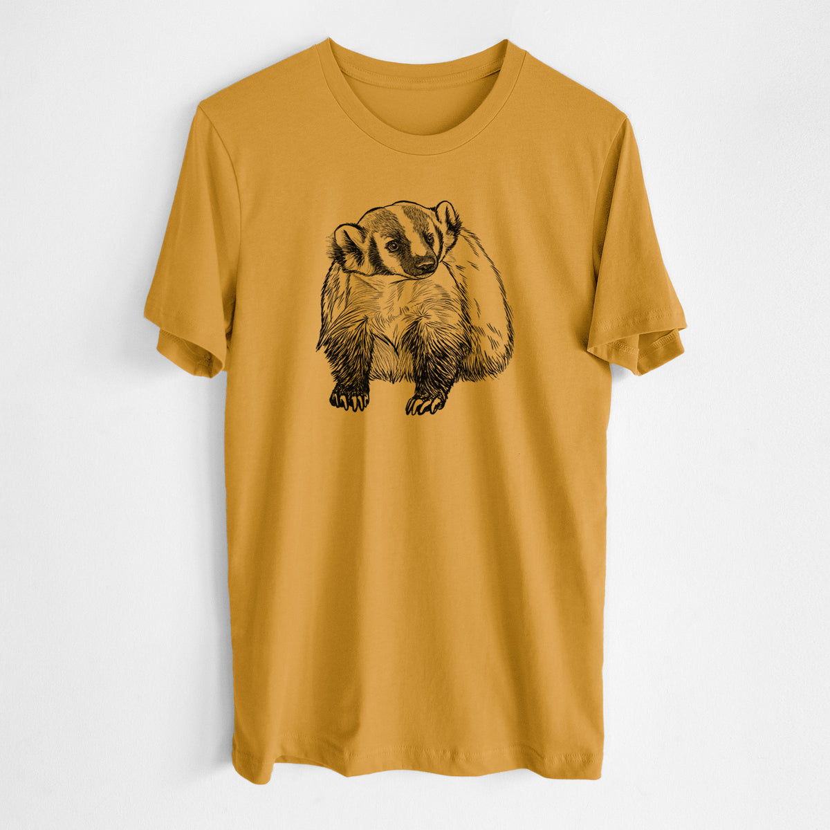Honeycomb yellow lightweight cotton t-shirt laid flat, printed with a detailed black ink illustration of an American badger facing forward.