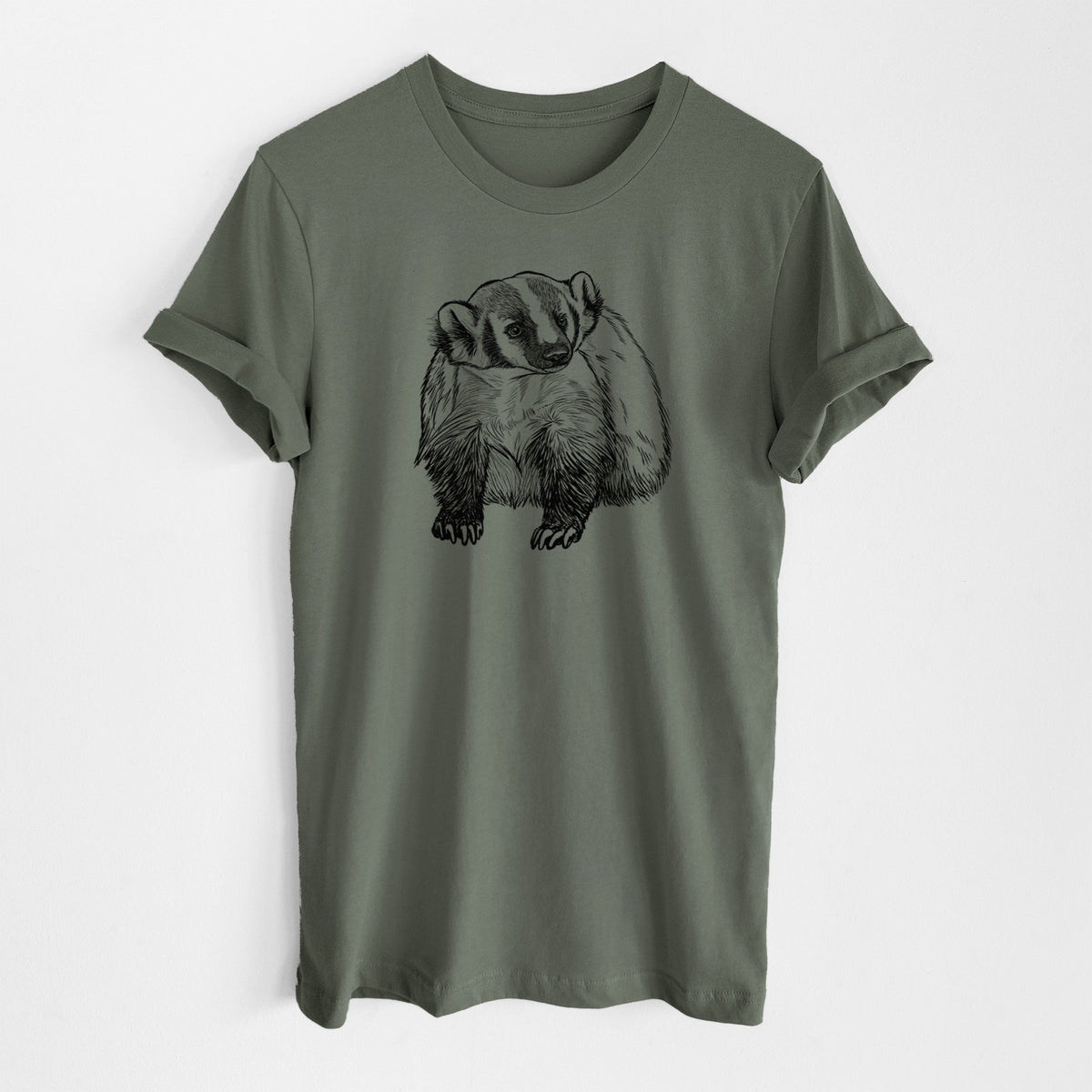 Military green lightweight cotton t-shirt laid flat, printed with a detailed black ink illustration of an American badger facing forward.