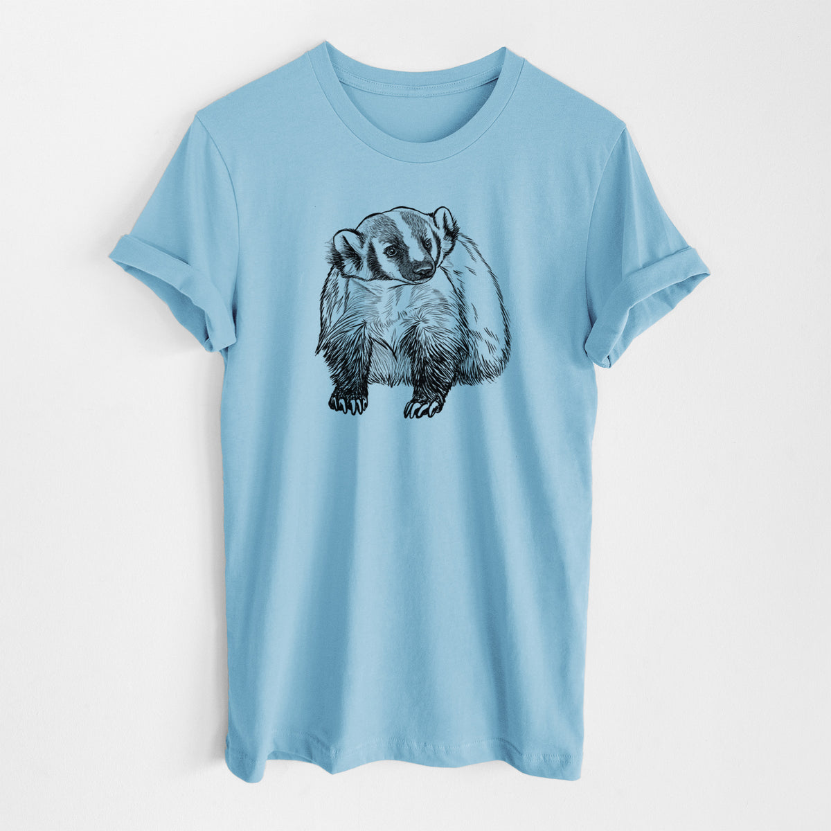 Ocean blue lightweight cotton t-shirt laid flat, printed with a detailed black ink illustration of an American badger facing forward.