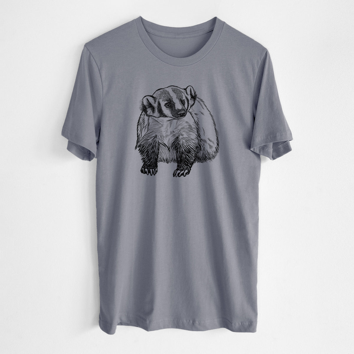 Storm grey lightweight cotton t-shirt laid flat, printed with a detailed black ink illustration of an American badger facing forward.