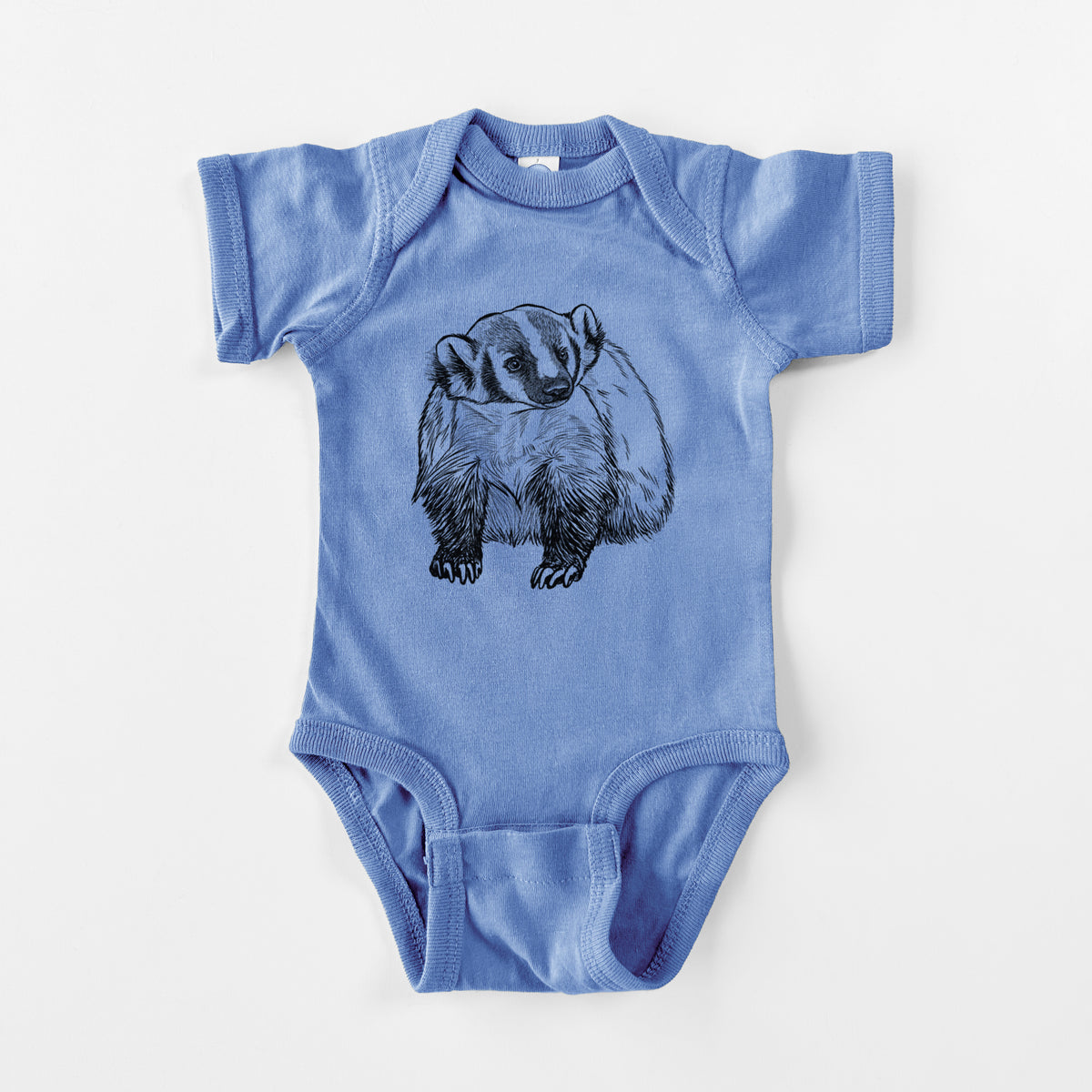 Carolina blue baby bodysuit laid flat, printed with a detailed black ink illustration of an American badger facing forward.