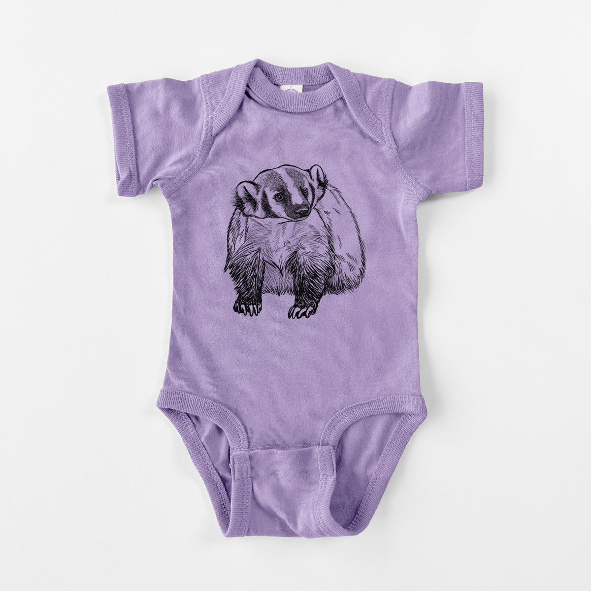 Lavender baby bodysuit laid flat, printed with a detailed black ink illustration of an American badger facing forward.