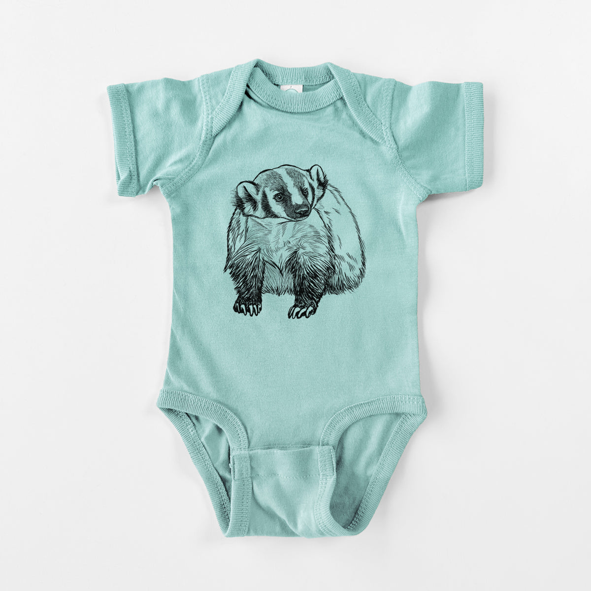 Saltwater baby bodysuit laid flat, printed with a detailed black ink illustration of an American badger facing forward.