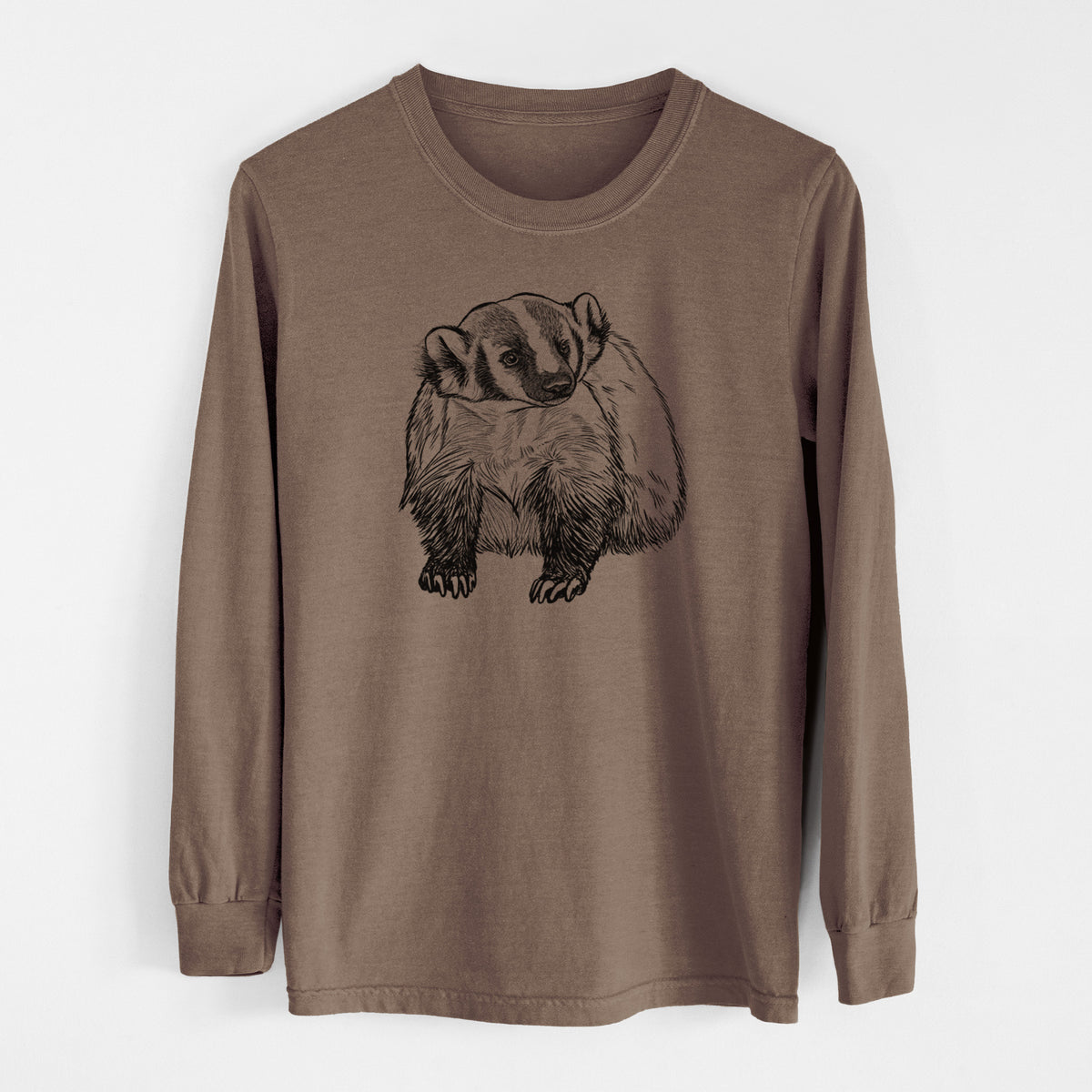 Espresso brown Comfort Colors long sleeve shirt laid flat, printed with a detailed black ink illustration of an American badger facing forward.
