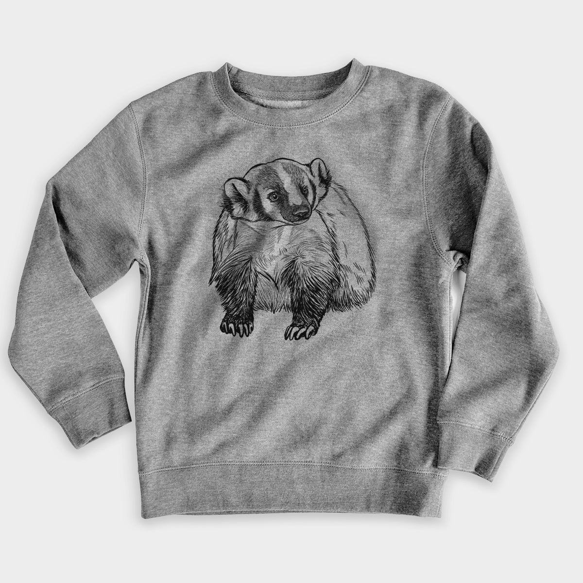 Nickel grey youth crewneck sweatshirt laid flat, printed with a detailed black ink illustration of an American badger facing forward.