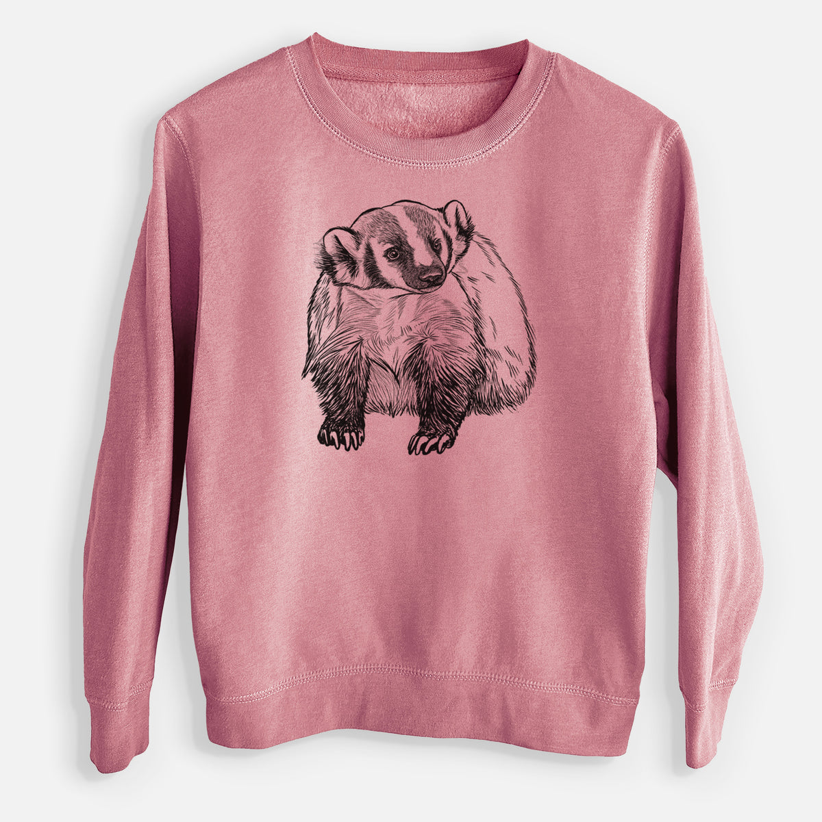 Mauve pink youth crewneck sweatshirt laid flat, printed with a detailed black ink illustration of an American badger facing forward.